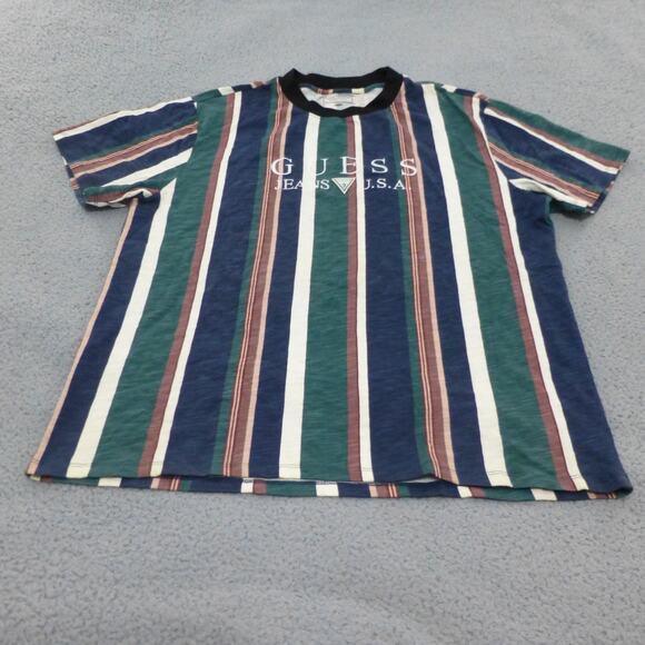 VTG Guess T Shirt Mens Large 90s Vertical Striped Green Short Sleeve - Picture 1 of 8